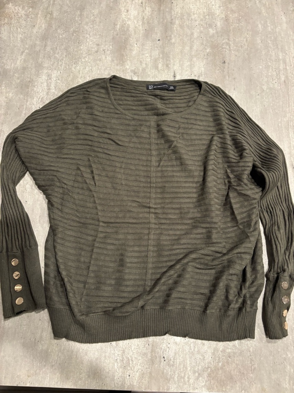 New York & Company Olive Green Ribbed Button-Cuff Sweater